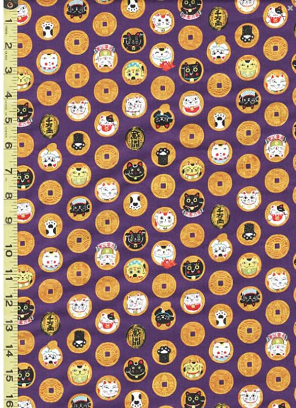 Japanese Novelty Sewing, Quilting Fabric - Senyo Maneki Neko Lucky Cat Faces on Gold Coins - SO-4200-5E-Purple - by The Half Yard