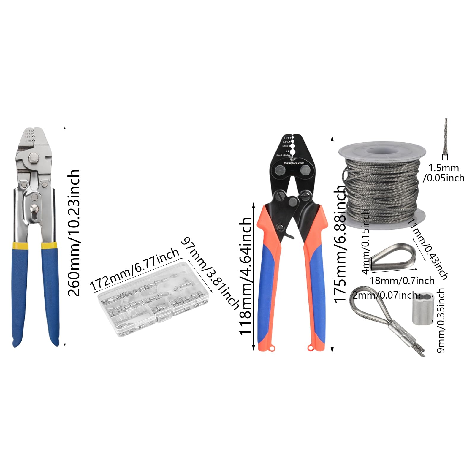 Pinza crimpatrice per funi metalliche, crimpatrice con anelli di crimpatura in alluminio, manicotti e ditali, set di cavi fino a 2,2 mm