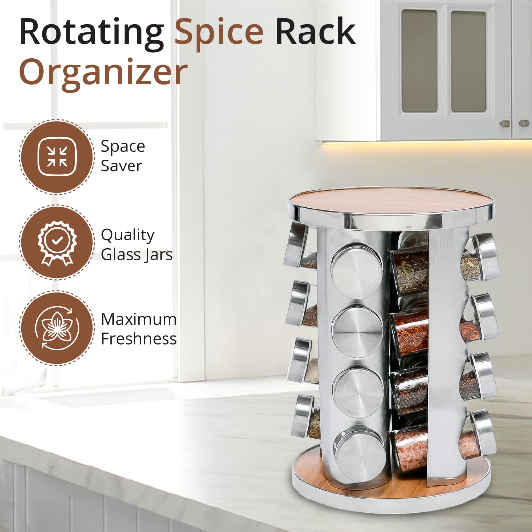 Rotating Spice Rack with 16 Glass Jars Stainless Steel & Wood Carousel Organizer for Kitchen Counter, Pantry, Herbs & Seasonings - Image 4