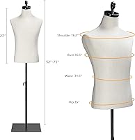 Vista 2 de VINGLI Torso de maniquí masculino con soporte de madera/metal, altura ajustable, cuerpo de vestido masculino para exhibición y costura de ropa