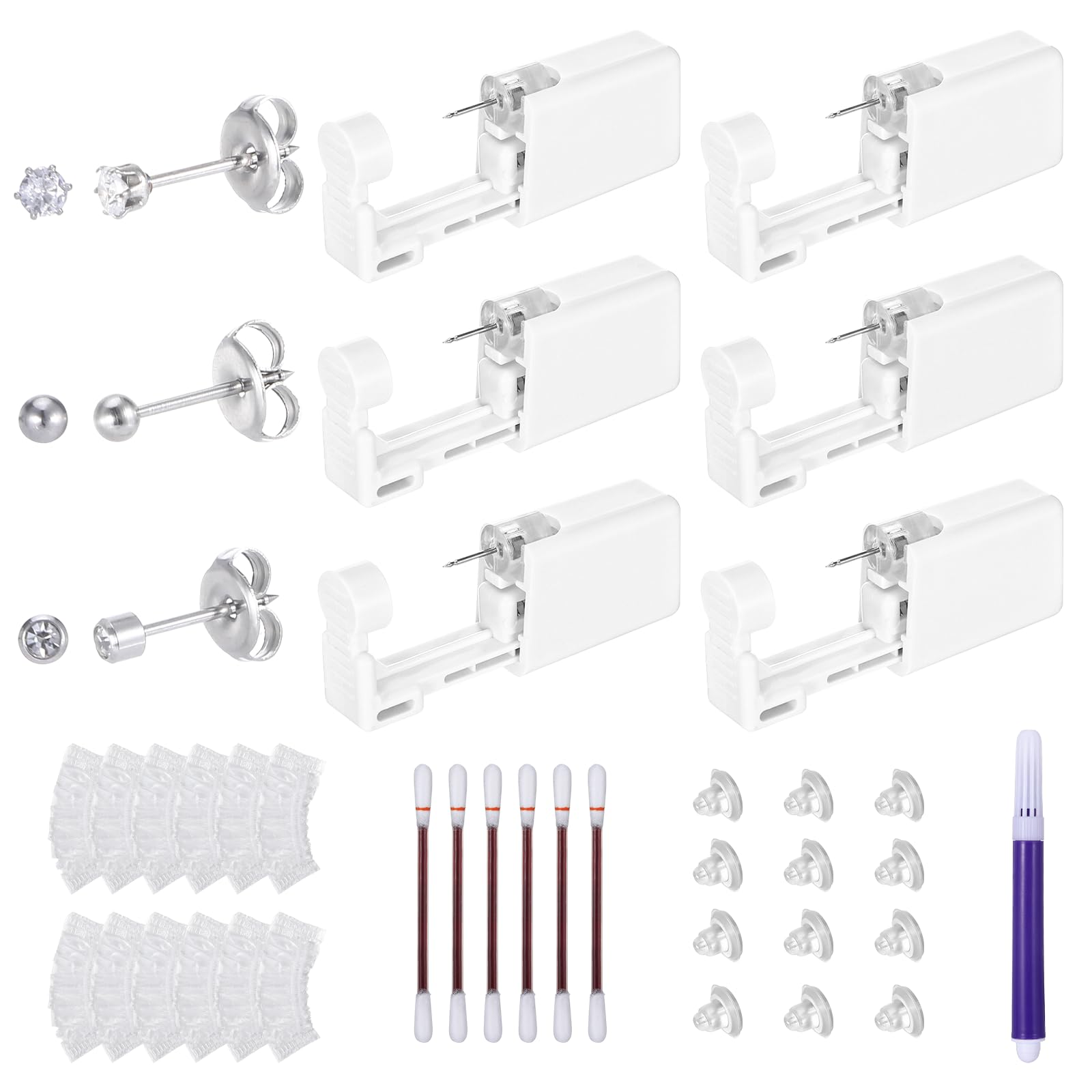 37Pcs Disposable Ear Piercing Kit, Self Ear Piercing Gun Kit with Hypoallergenic Cubic Zirconia Stainless Steel Studs for Women, at Home Ear Piercing