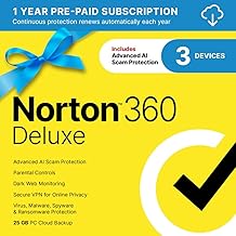 Norton 360 Deluxe 2025, Antivirus software for 3 Devices with Auto-Renewal – Includes Advanced AI Scam Protection, VPN, Dark Web Monitoring & PC Cloud Backup [Download]