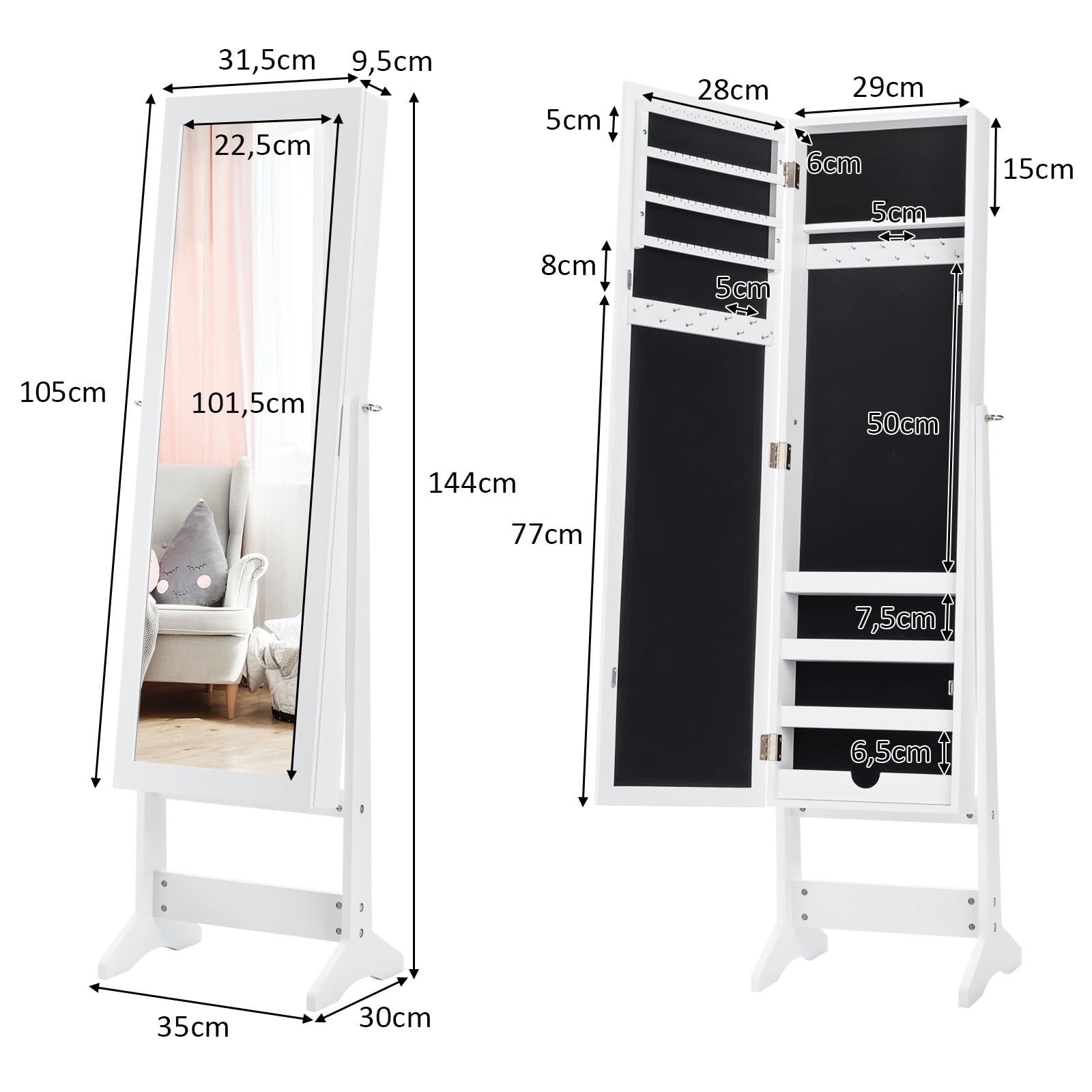 LED Sieradenkast, Sieradenkast Met Spiegel Over De Volledige Lengte Afsluitbare Sieradenorganizer Met 2 Lades Stevig En Stijlvol Cadeau Idee Wit