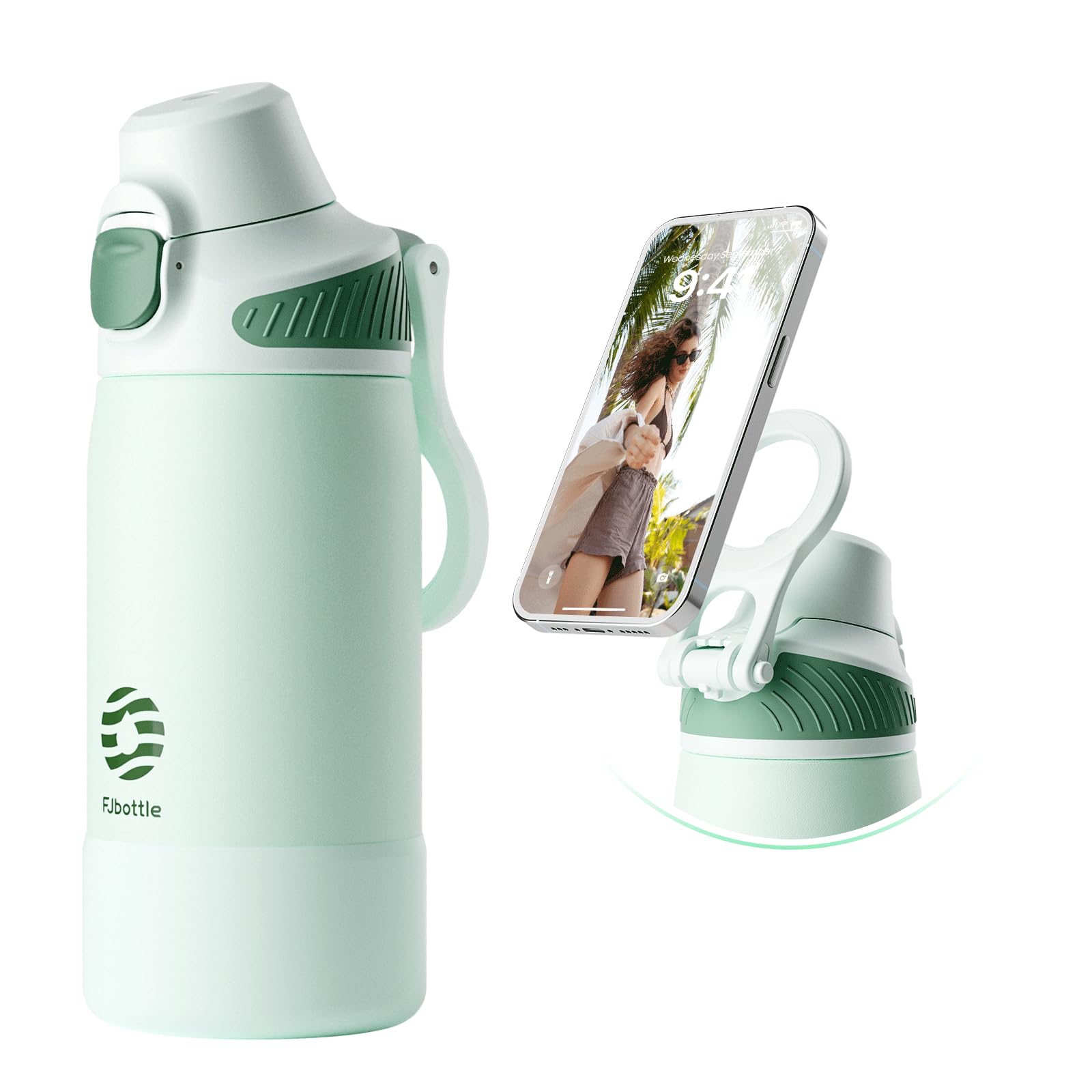 Fjbottle Stainless Steel Water Bottle 600ml/700ml/1L with Magnetic Handle as Phone Holder One Click Flip Lid/BPA-free/Leak-proof Insulated(600 ml, Black)