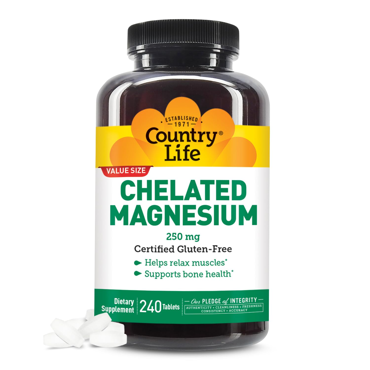 Country Life, Chelated Magnesium 250mg, Supports Bone and Immune Health, Daily Supplement, 240 ct