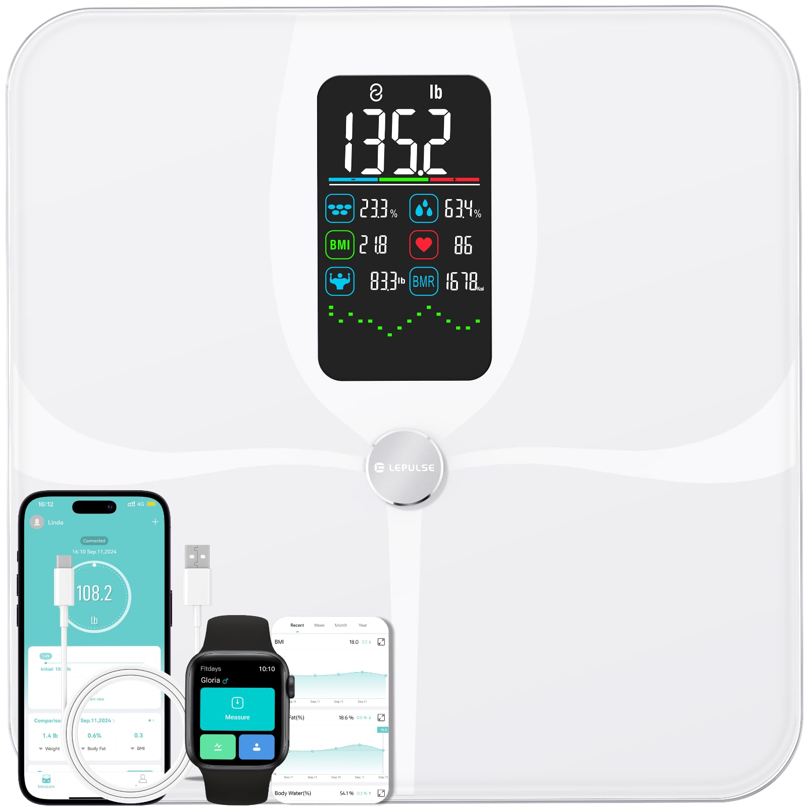 Lepulse Smart Weight Scale With BMI Body Fat Muscle Mass, 4.68" Large Display With Trend, High Accurate 22 Composition Scale With Heart Rate, Bathroom Scale With App, White