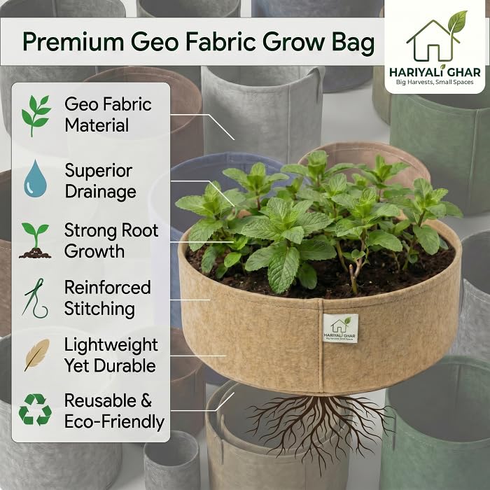 Image of 400 GSM Geo Fabric Round Grow Bags 18x9 Inch, Camel Color Planting Bags for Terrace and Kitchen Gardening Pack of 3