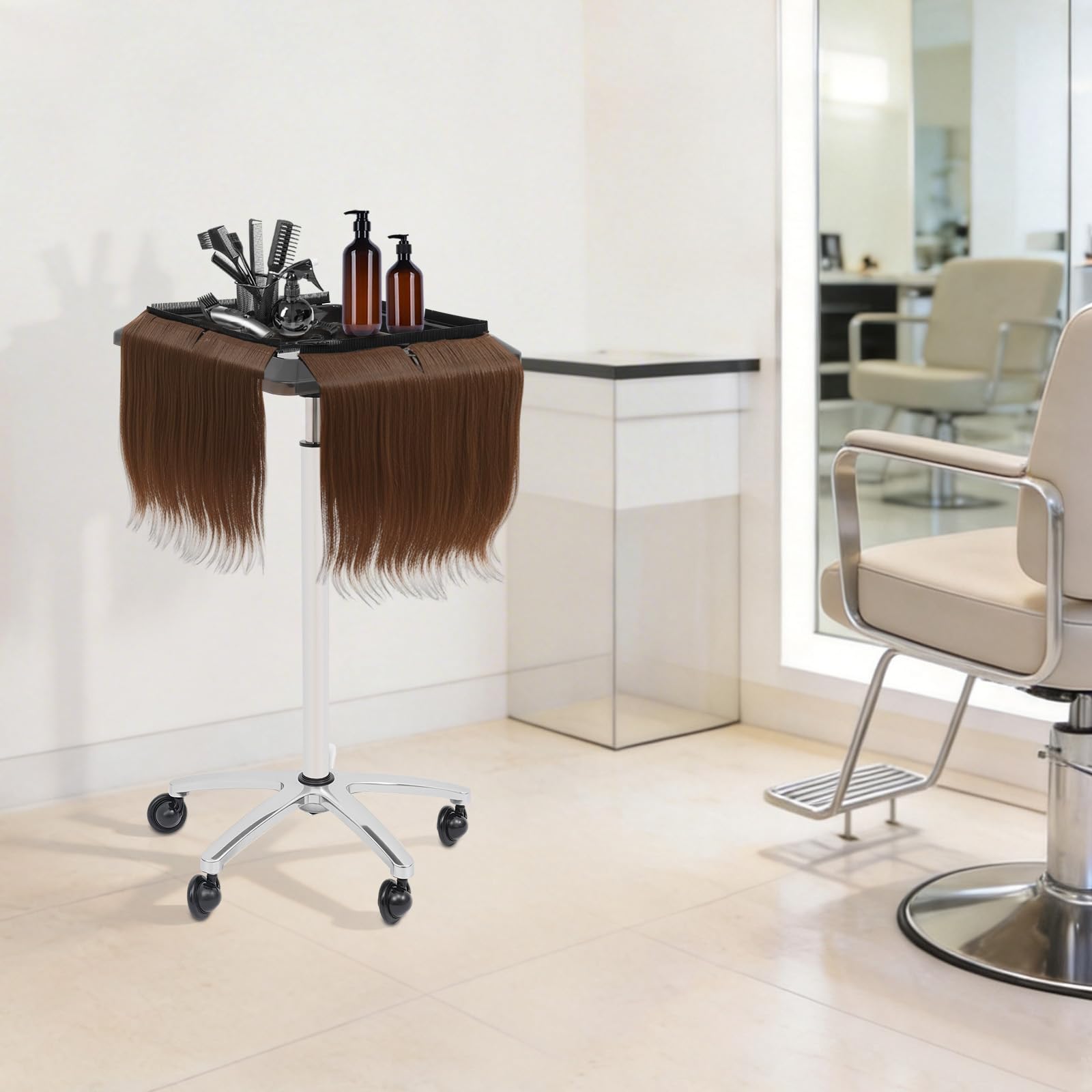 Carrito de Peluquería con Ruedas Altura Ajustable 70-110cm Bandeja para Pelucas y Herramientas Carrito de Salón Rodante con 5 Ruedas Suaves Peluquería Soporte de Peluquería Desmontable