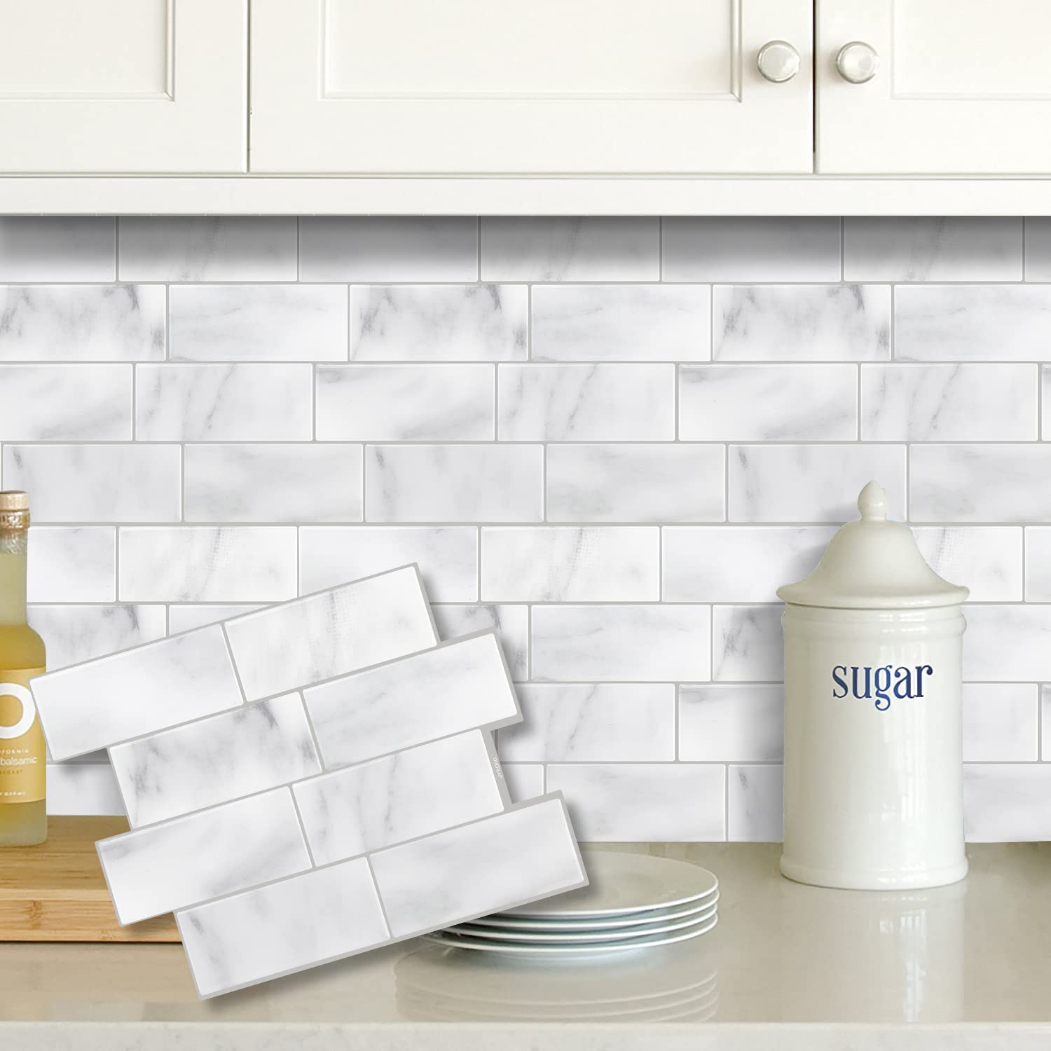 Alwayspon 10 Sheet White Gray Marble 3D Vinyl Wall Tile Sticker Transfers, Peel and Stick Self-Adhesive Waterproof Splashback Stick on Tile Decals for Kitchen Bathroom Wall