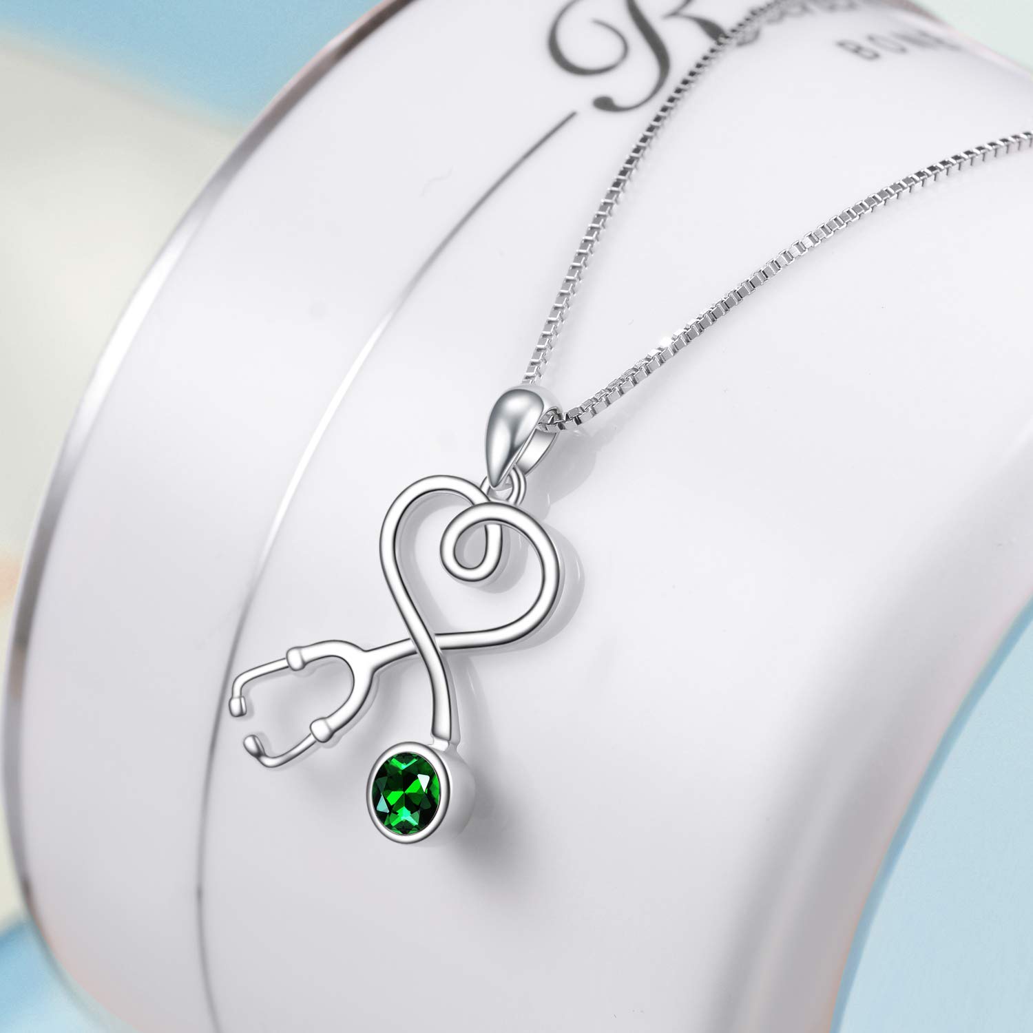 TXQHD Dziewczęce Akcesoria Sterling Srebrny stetoskop Naszyjnik Doktor Pielęgniarka biżuteria symulowanym Kryształem Birthstone z Austrii, Student RN zarejestrowane prezenty pielęgniarki dla kobiet