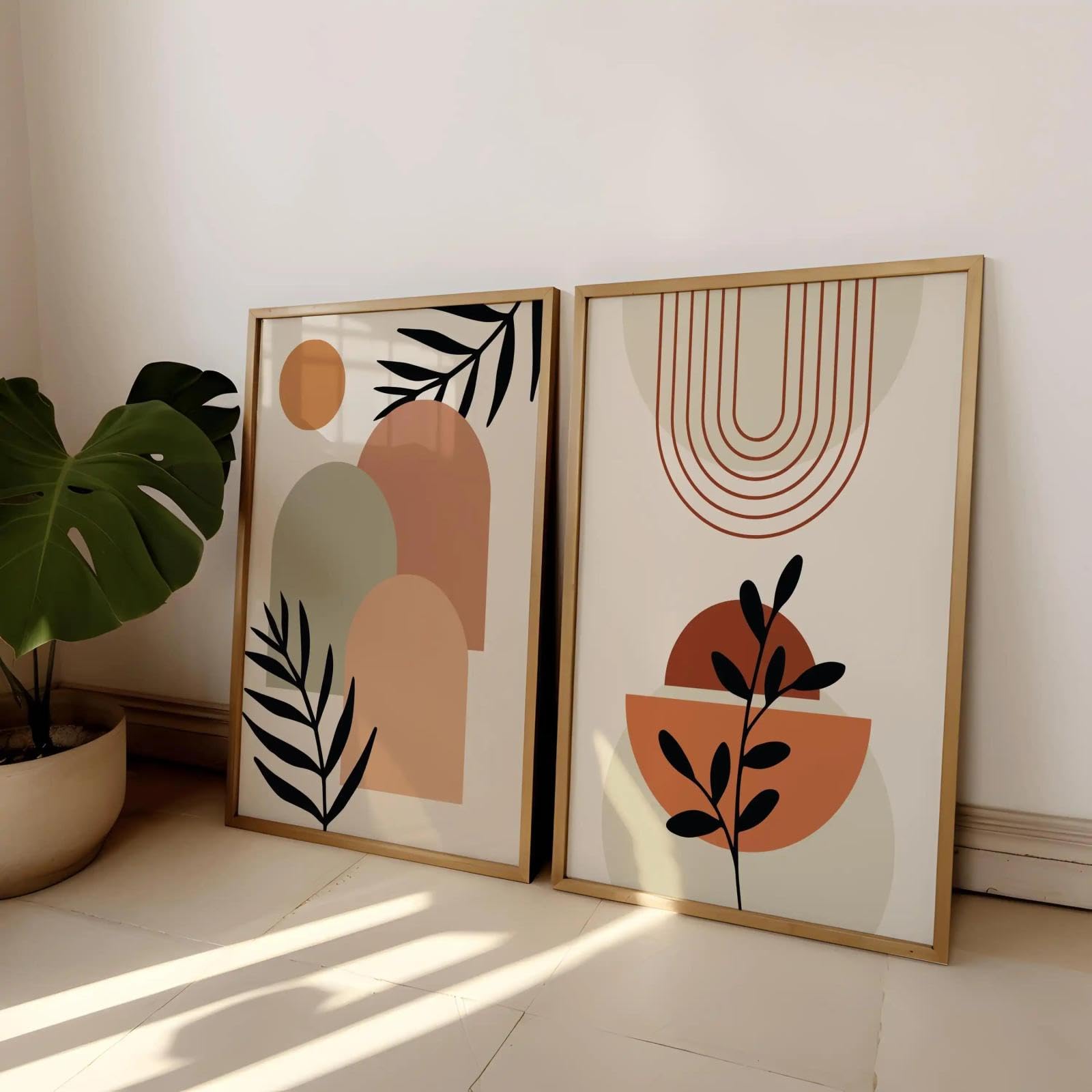 Baibexing Boho Abstract Wall Art Prints Modern Botanical Shapes With Leaves Canvas Poster Prints Home Bedroom Living Room Decor 50X70Cmx2Pcs Unframed