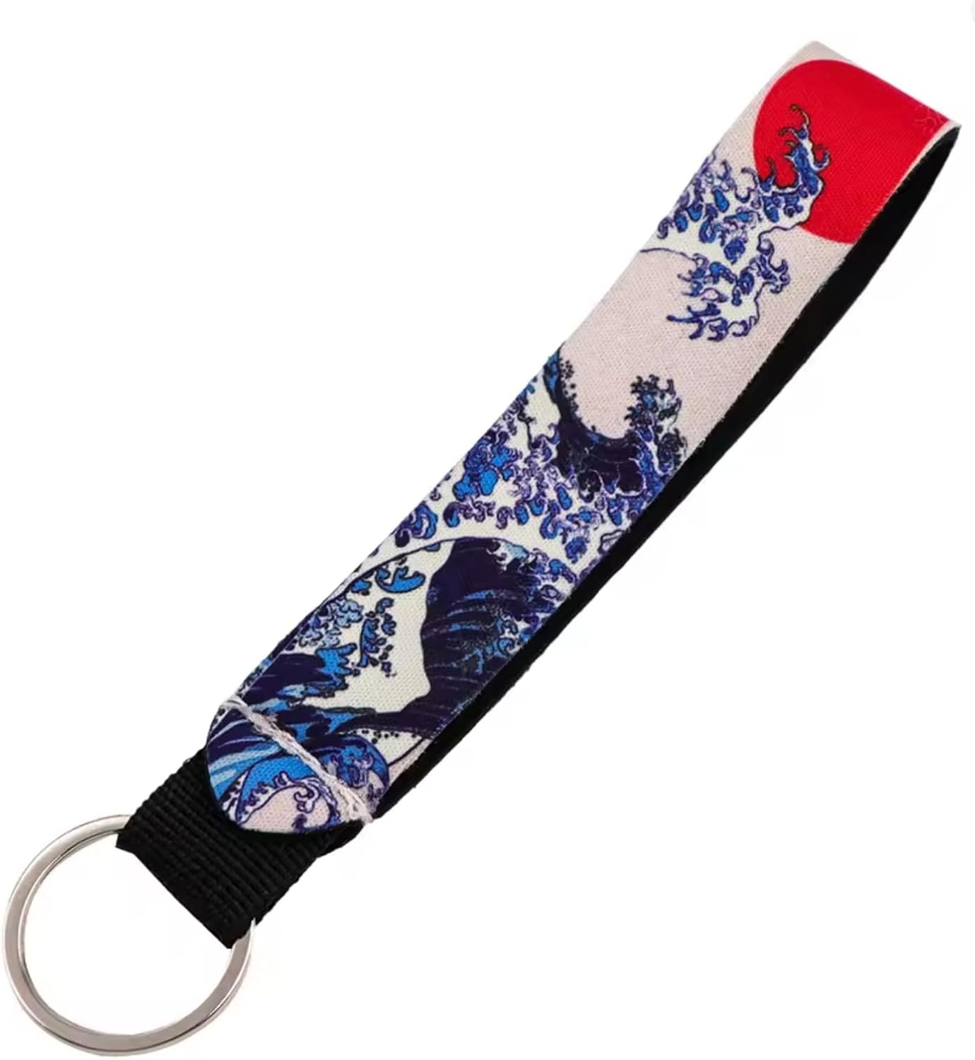 Hokusai Waves Great Wave Off Kanagawa Japan Art Japanese Rising Sun Red Keychain Key Tag Chain Fob Ring