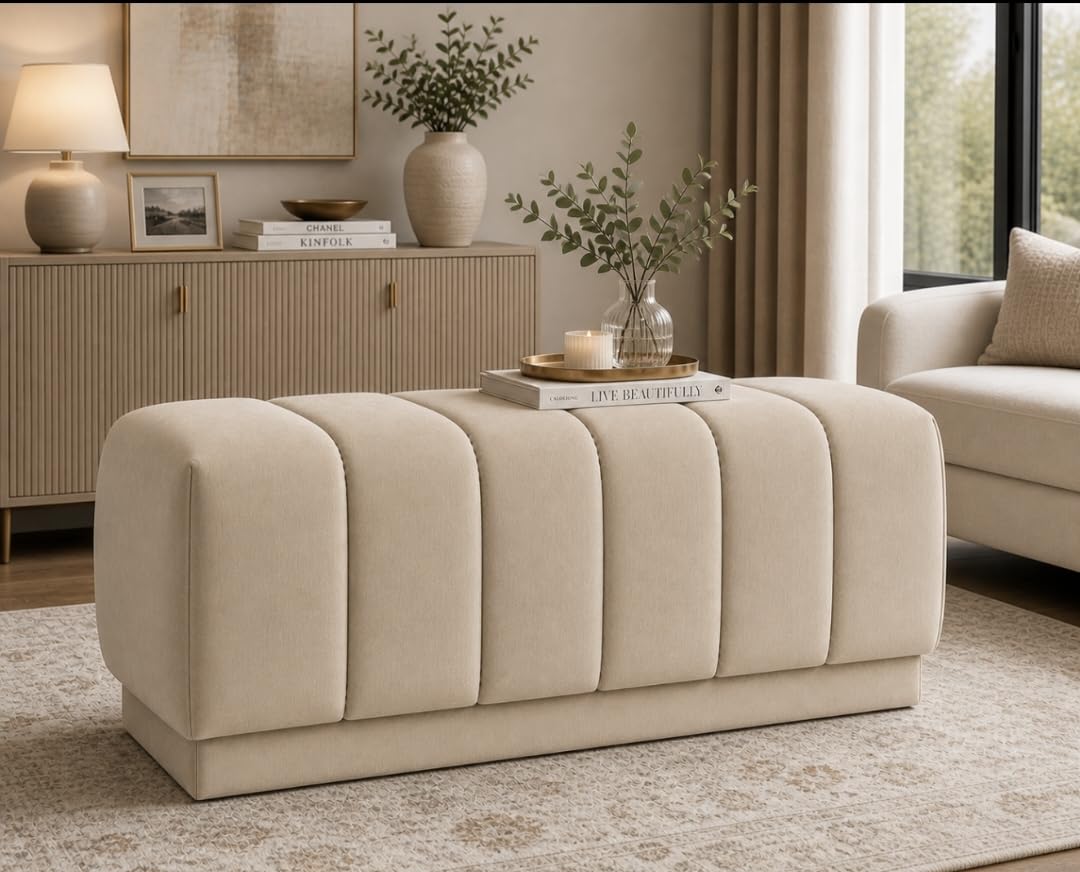 Ottoman Puffy Bench, Beige, Channel Tufted Upholstered, Living Room or Bedroom-image-44