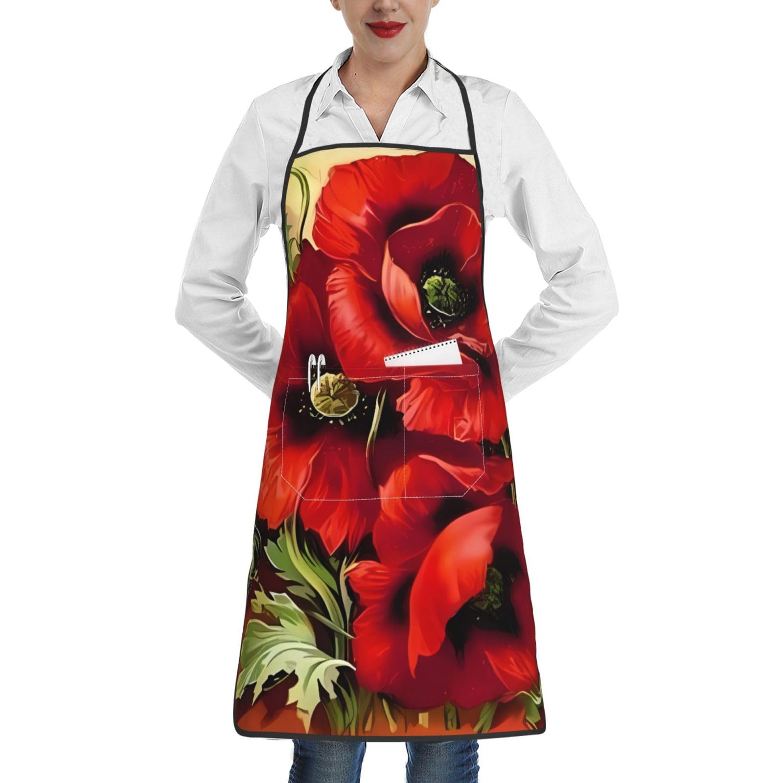 BLWSLC Beautiful Red Poppy Flower A kitchen apron with pockets perfect for cooking grilling and gardening