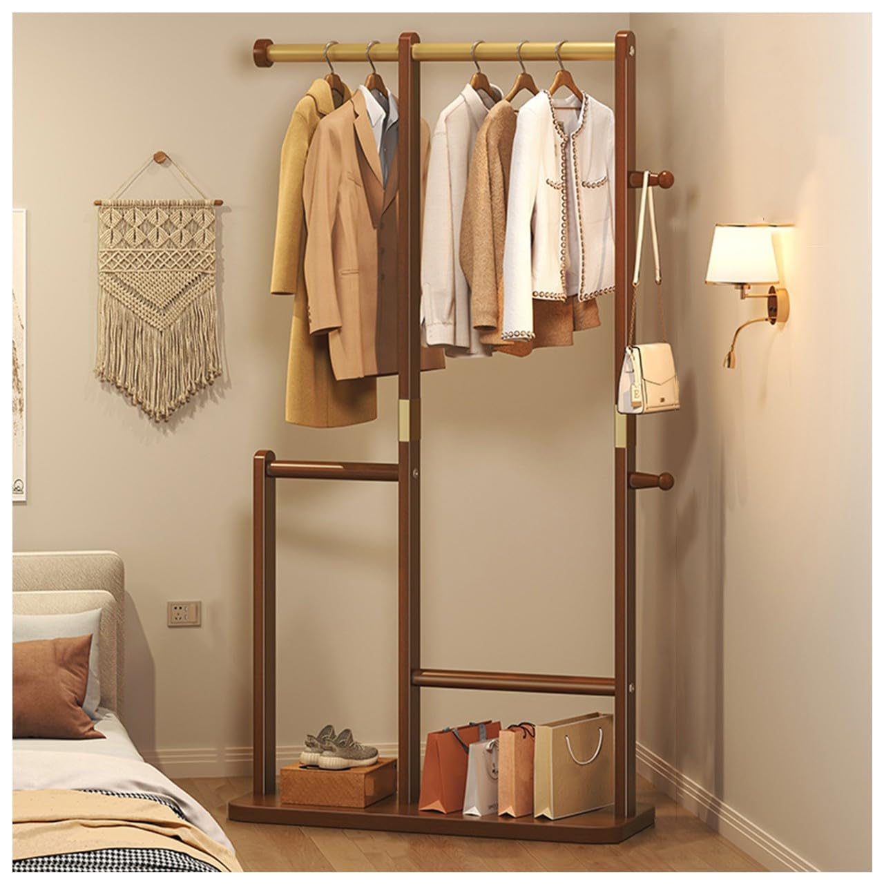 BEARQUN Retro Wooden Coat Rack, Industrial Coat Rack with Hooks and Shoe Storage, for Clothes/Bags/Hats: 40/48/60/70CM, Sturdy Freestanding Coat Rack : Walnut/Wood/White
