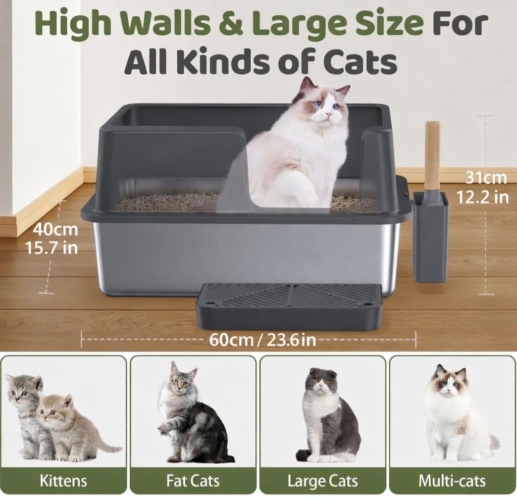 Gimars XL lettiera acciaio per gatti, vassoio in acciaio inox facile da pulire e senza odori, lettiera a prova di perdite con paletta e pedale