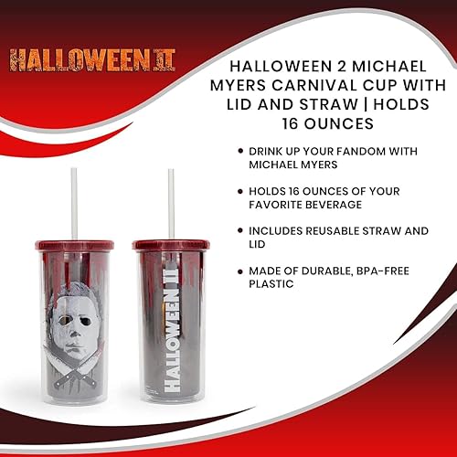 Miniatura 6 de Silver Buffalo Halloween 2 - Vaso de carnaval de Michael Myers con popote reutilizable, tapa a prueba de fugas, vaso de plástico sin BPA, vaso alto
