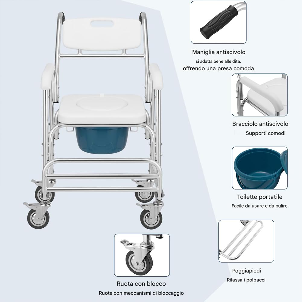 BAKAJI Sedia a Rotelle Impermeabile con WC e Coperchio Rimovibile, Seduta Ergonomica Comodo con Toilette Inclusa, Struttura Resistente, 4 Ruote Piroettanti e Maniglie Ergonomiche, 55 x 70 x 96 cm