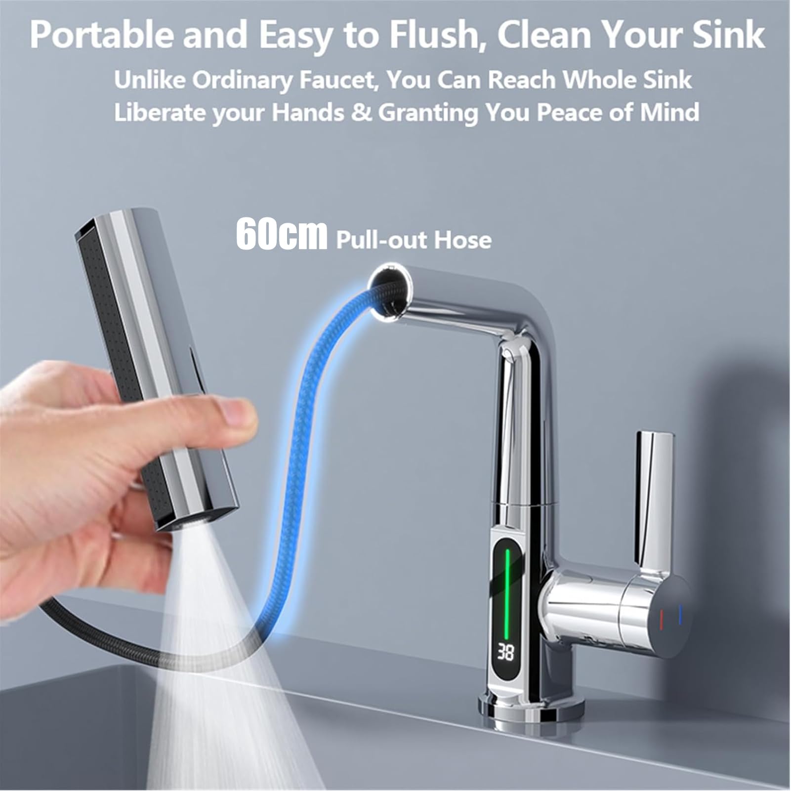Grifo Cocina Extraible, Grifos de Cocina Fregadero con 3 Modos de Flujo de Agua, Giratorio a 360° Grifo Monomando Flexible Baño con Pantalla Digital de Temperatura LED (Cromo)