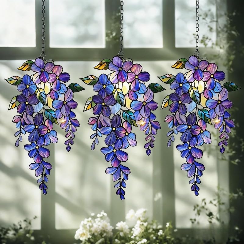 [2 Pack] Holographic Wisteria Acrylic Suncatcher, 5.91" x 5.91" Floral Window Decor with Rainbow Effect, Spring Garden Hanging Ornament for Mom & Home Decoration - 2