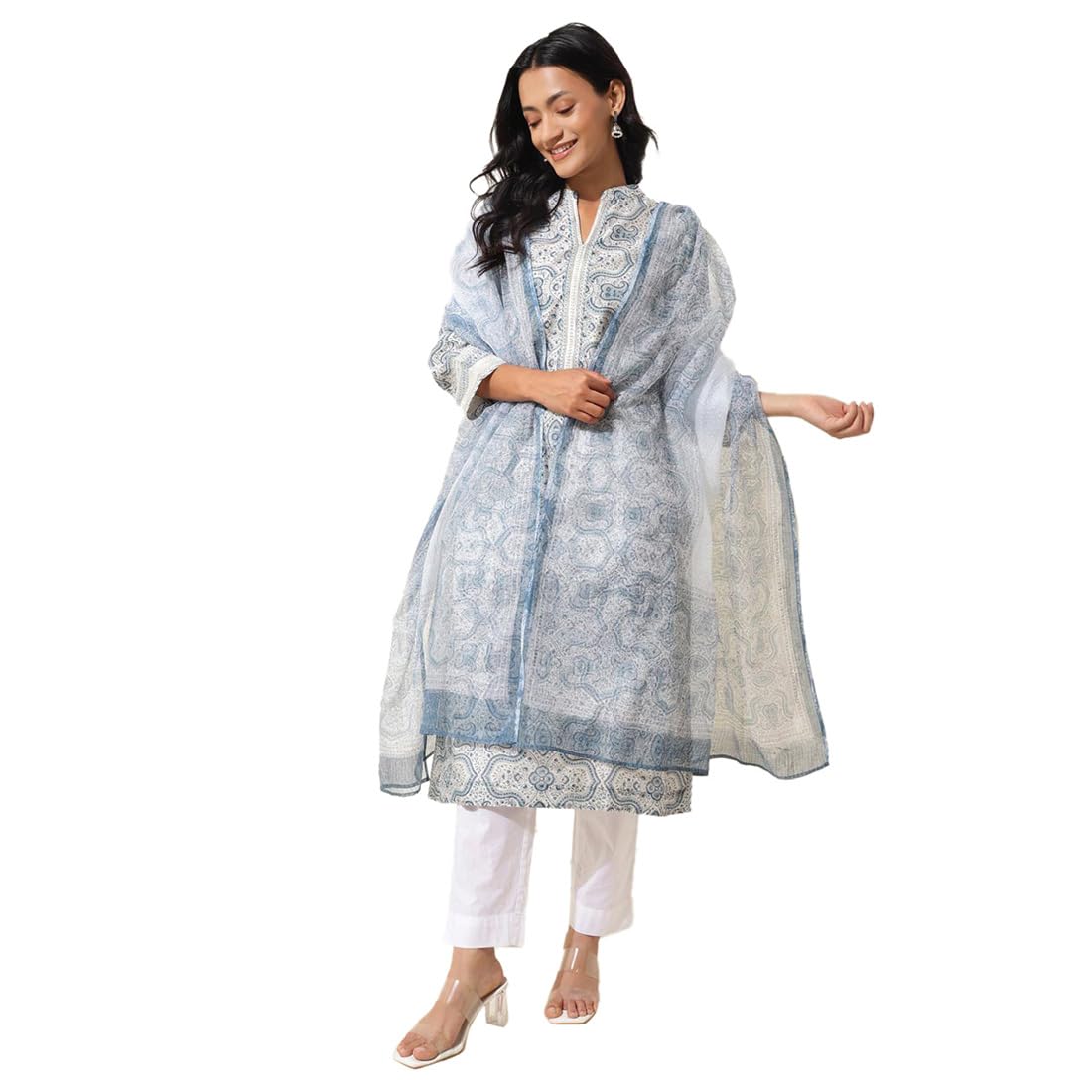 Fabindia Women's Cotton Silk Printed Regular Kurta (2124220White- White-Blue