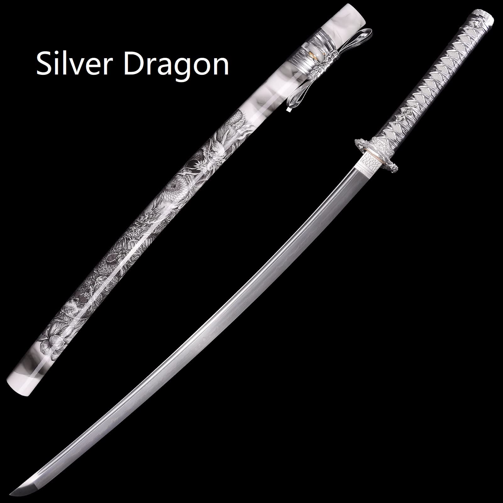 ANATAK Handmade Katana Sword,Japanese Samurai Sword by 1060 Carbon Steel/Damascus Folded Steel/T10 Steel Carbon Steel Clay Tempered,Full Tang,40.5-Inch (Silver Dragon-T10)