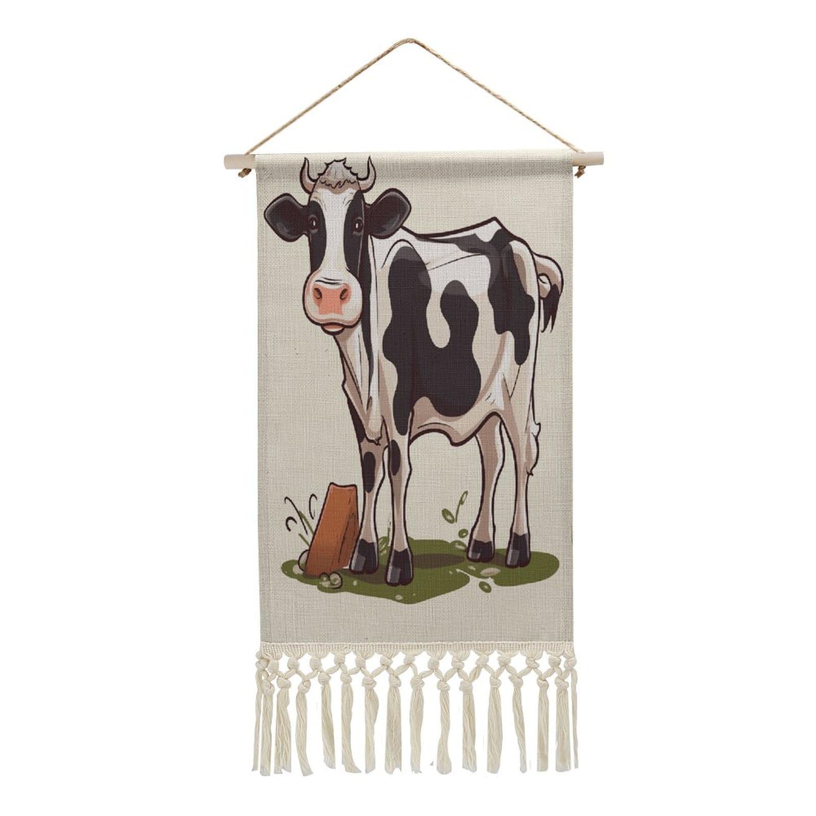 VstaDank Dairy Cow Wall Art Decor with Tassels 20"x10" Cotton Linen Hanging Tapestry Decor Wall Art Prints Wood Frame Boho Wall Art Poster for Bedroom Living Room Office