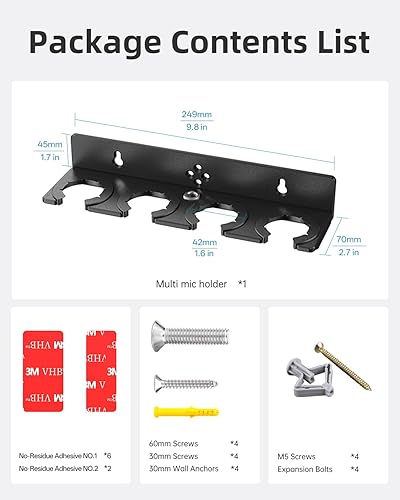 Miniatura 7 de Soporte de micrófono múltiple para 4 micrófonos - 4 tipos de instalación montaje en pared sin taladro (paredes lisas), montaje en pared perforado