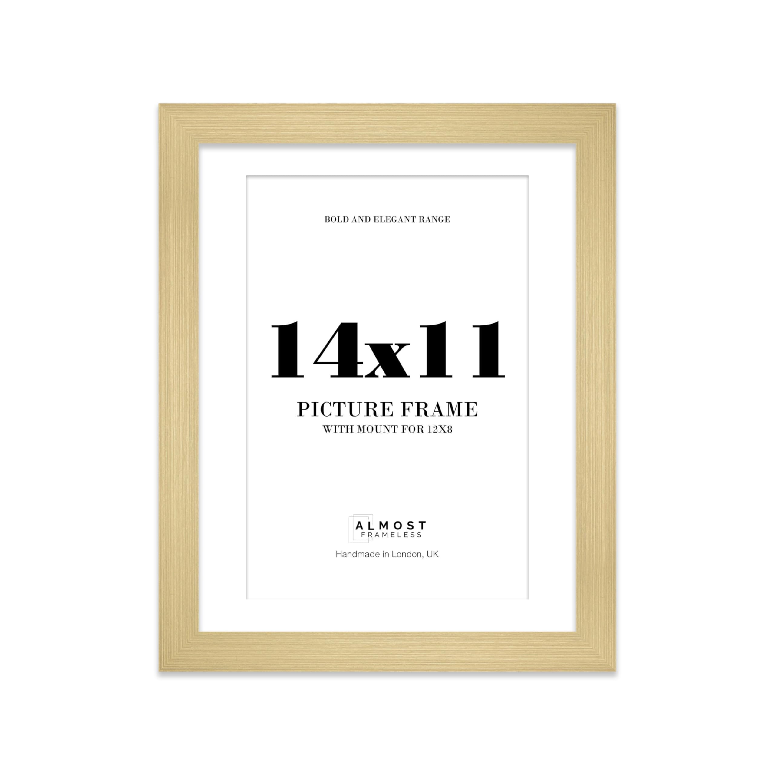 14x11 Gold Frame With Mount for 12x8 Pictures 28mm Edge Portrait and Landscape Display with Wall Hooks and Kickstand, 1 Pack