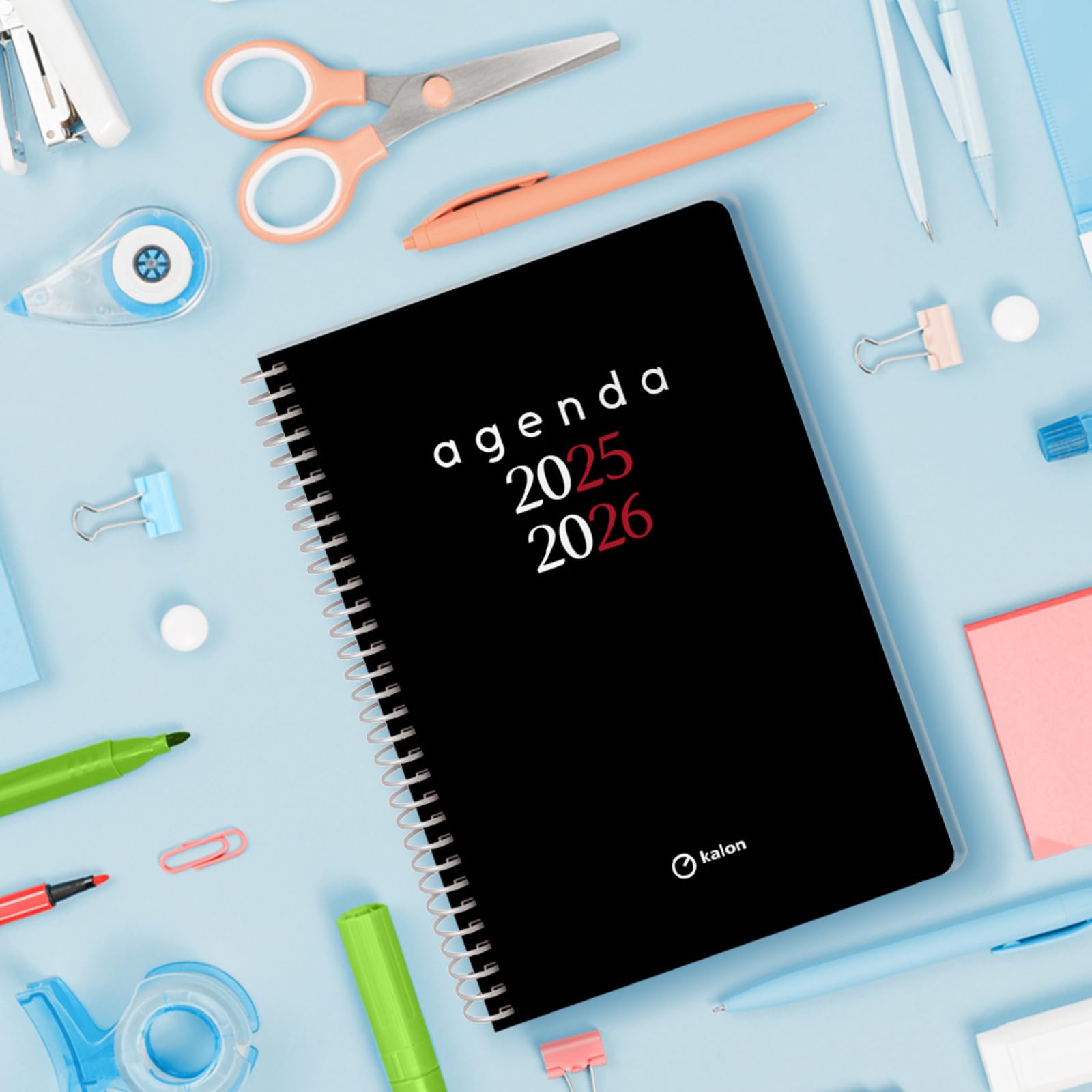 Q Kalon - Agenda Escolar 2025 2026 - Semana Vista, Tamaño A5 (15x21 cm), Español e Inglés, Septiembre a Junio, Cierre de Espiral, Tapa Flexible con Plástico Protector - Planner
