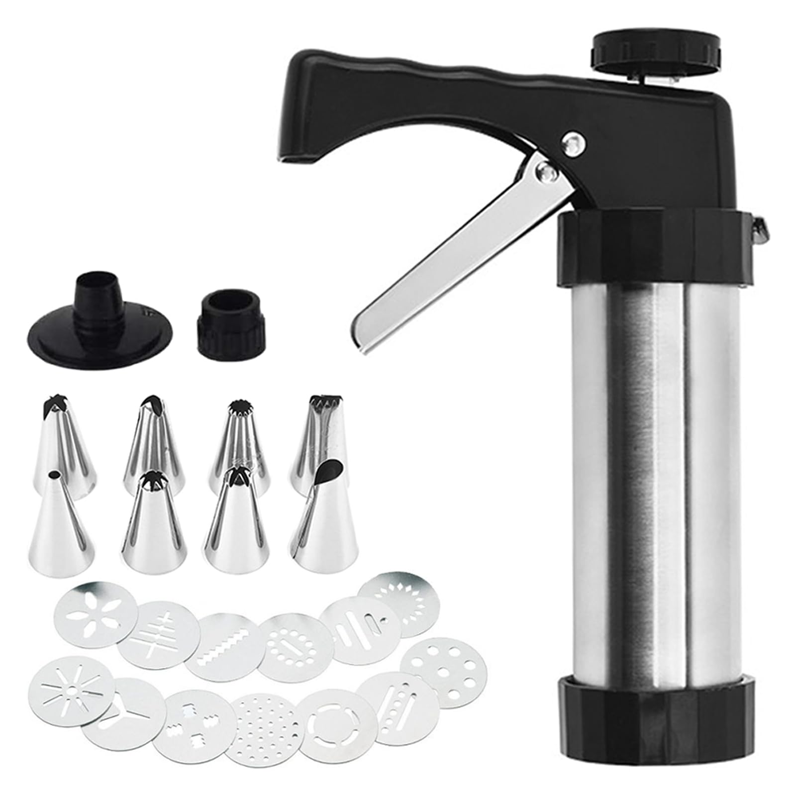 Bugucat Gebäckpresse, Edelstahl Plätzchenpresse Garnierspritze Gebäckspritze Kekshersteller Keksmaschine Kekspresse DIY Backzubehör Garnierspritze mit 13 Schablonen und 8 Tüllen für Kuchen Kekse