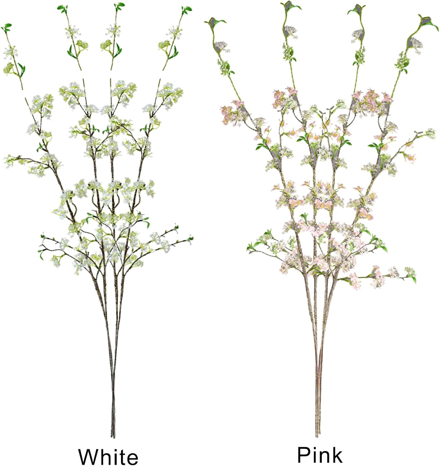 39.3in Artificial Plum Blossom Branches for Tall Vase, 4pcs Long Stem Faux Forsythia Plants Fake Silk Cherry Flowers Stems with Green Leaves for Home Kitchen Dining Table Centerpiece(White)