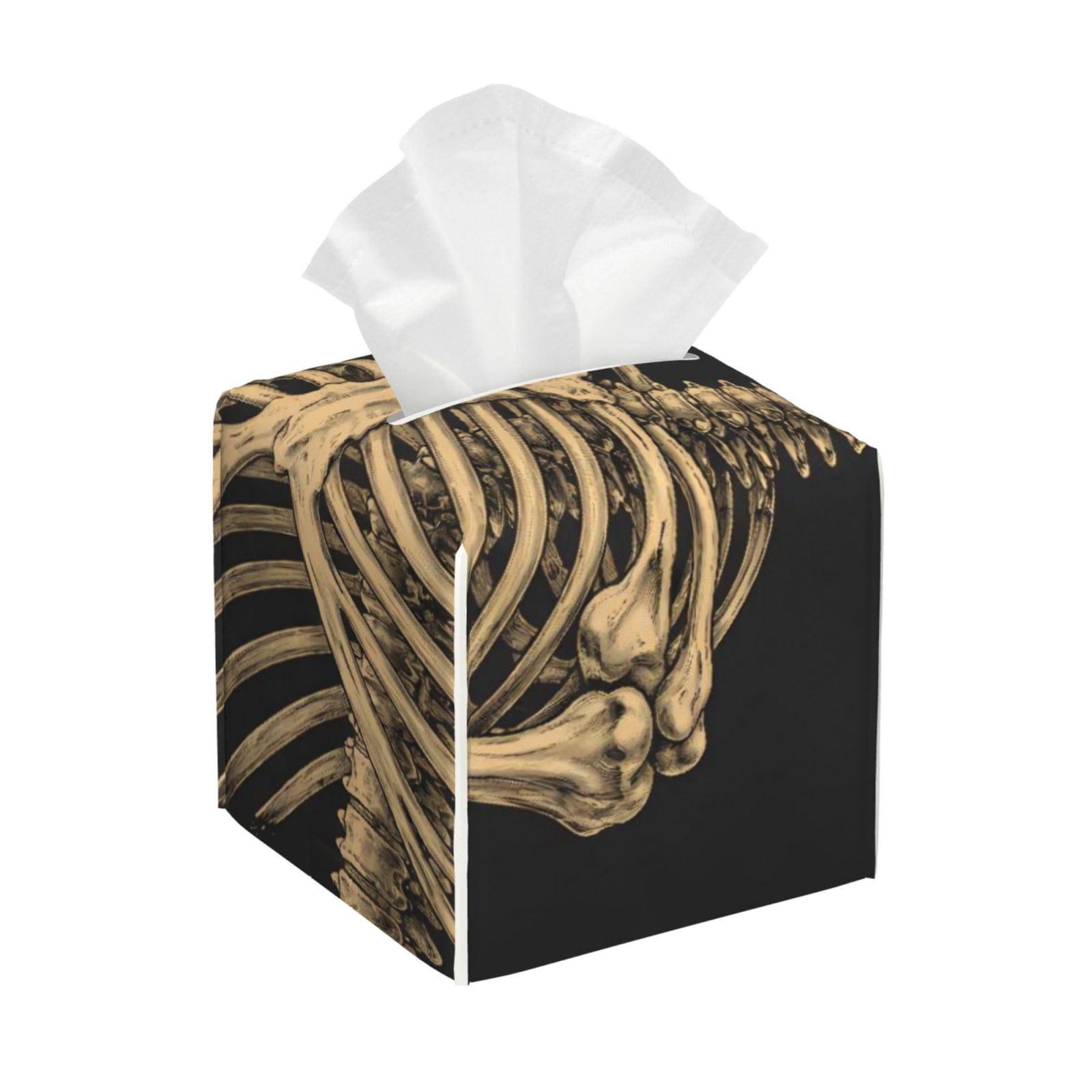 Skeleton with Burning Cigarette Leather Tissue Box Cover Holder Square Facial Paper Organizer 5.2" X 5.2" X 5.2"