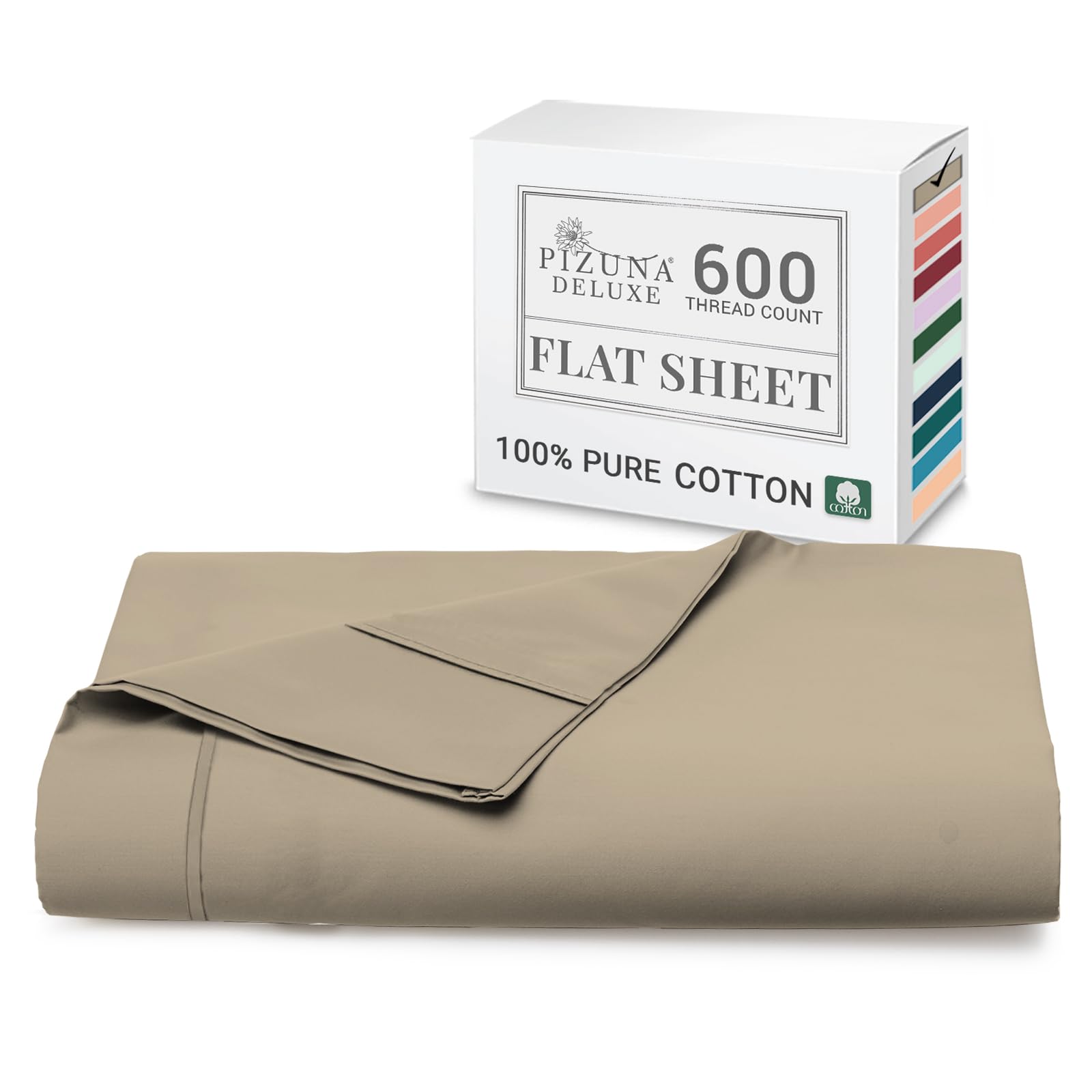 Pizuna Pure Combed Cotton Super King Flat Sheet Simply Taupe, 600 Thread Count Long Staple Brushed Cotton Flat Sheets Super King Size, Sateen Flat Sheet Superking