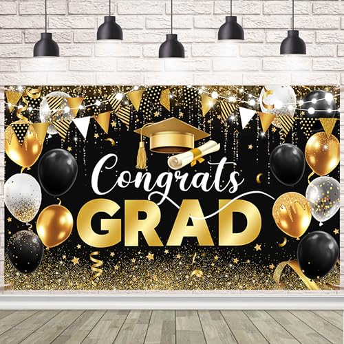 Image of AIBIIN 7x5ft Congrats Grad Backdrop Black Gold Glitter Balloons Congratulations Graduation Party Decorations Background for Photography Graduation Decorations 2025 Party Supplies
