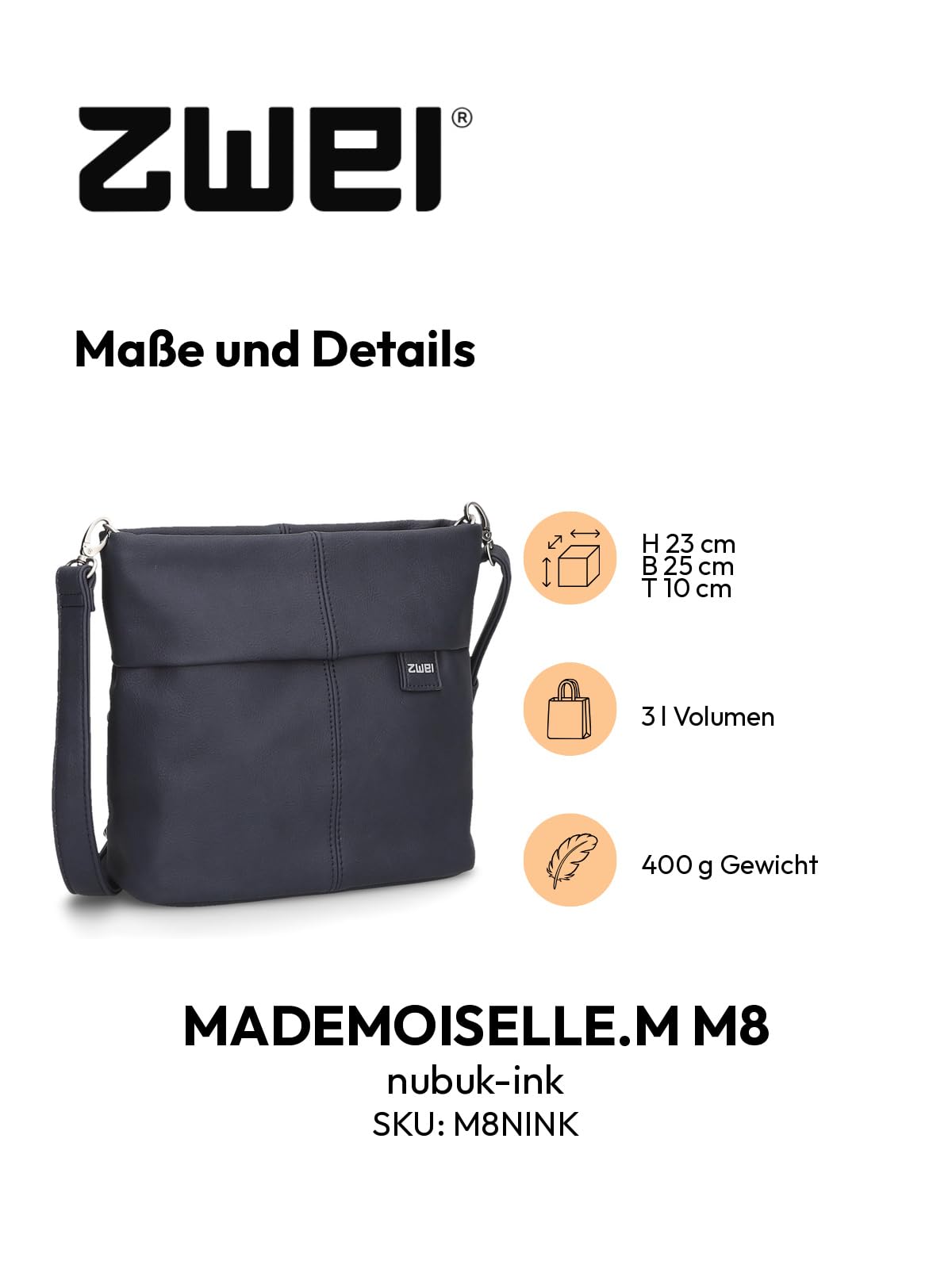 Zwei Damen Handtasche Mademoiselle.M M8 Crossbody Bag 3 L Umhängetasche aus Kunstleder mit Geheimfach & Hauptfach mit Reißverschluss, inkl. kurzem & langen abnehmbaren Schultergurt