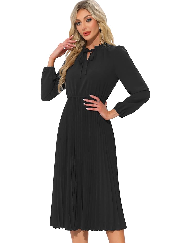 ALLEGRA K アシメントリーネックプリーツミディドレス Allegra K Pleated Dress for Women's Sleeveless V Neck Tie