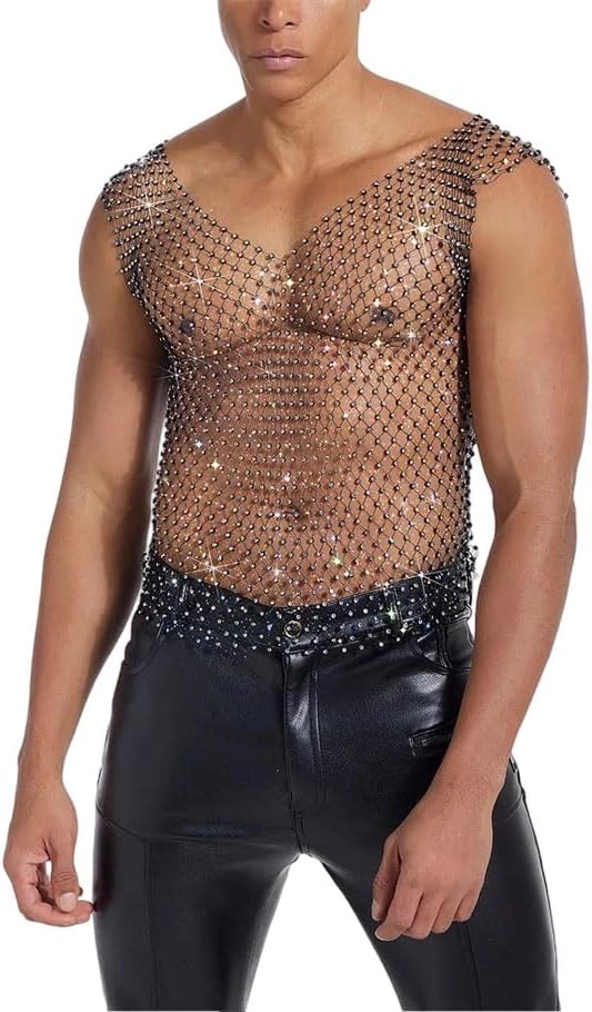 Men Tank Tops Sequin Mesh Sleeveless V Neck See Through Party Vest