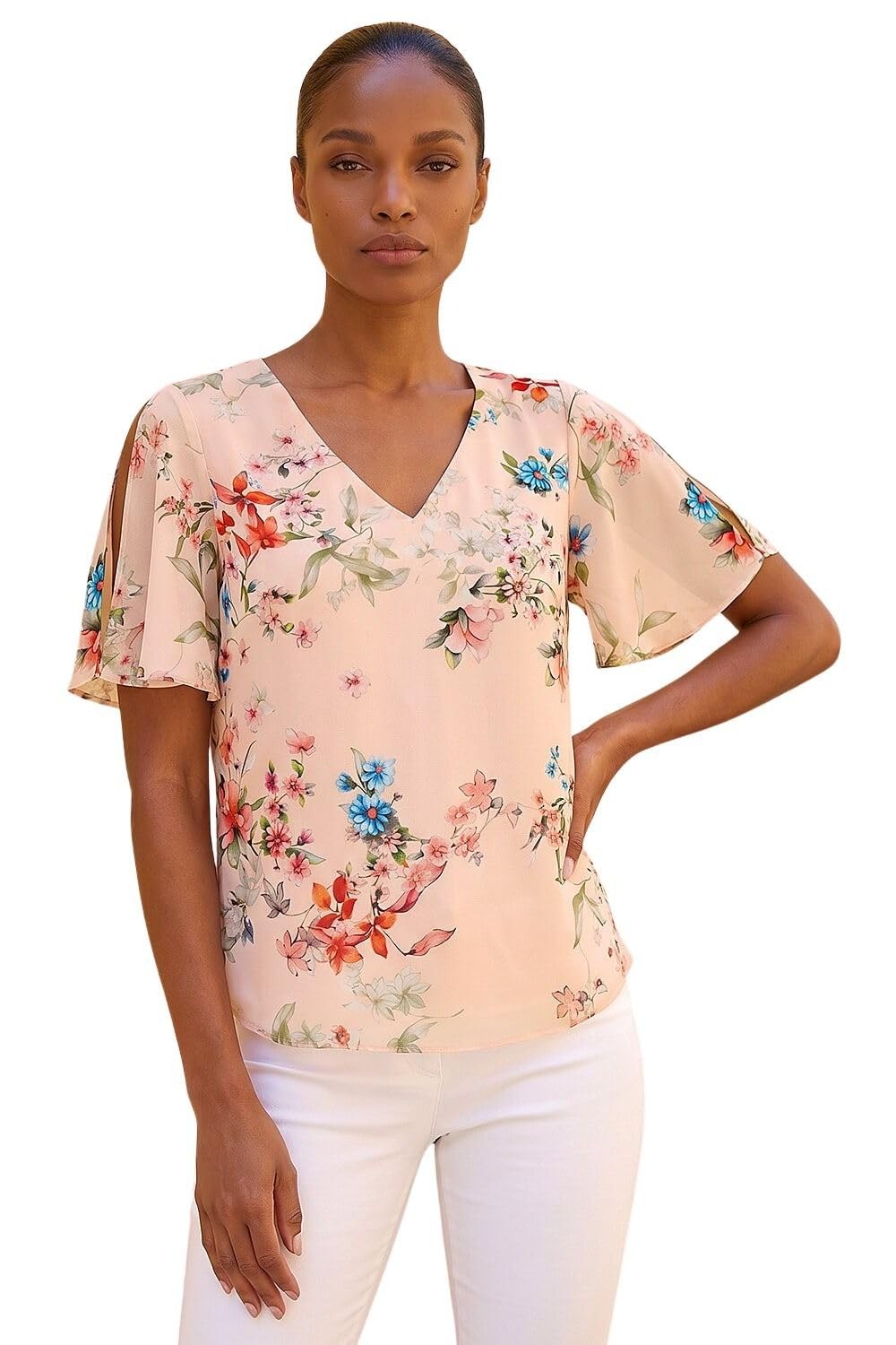 Roman Women's Light Pink Floral Angel Sleeve Top In | : Size 12