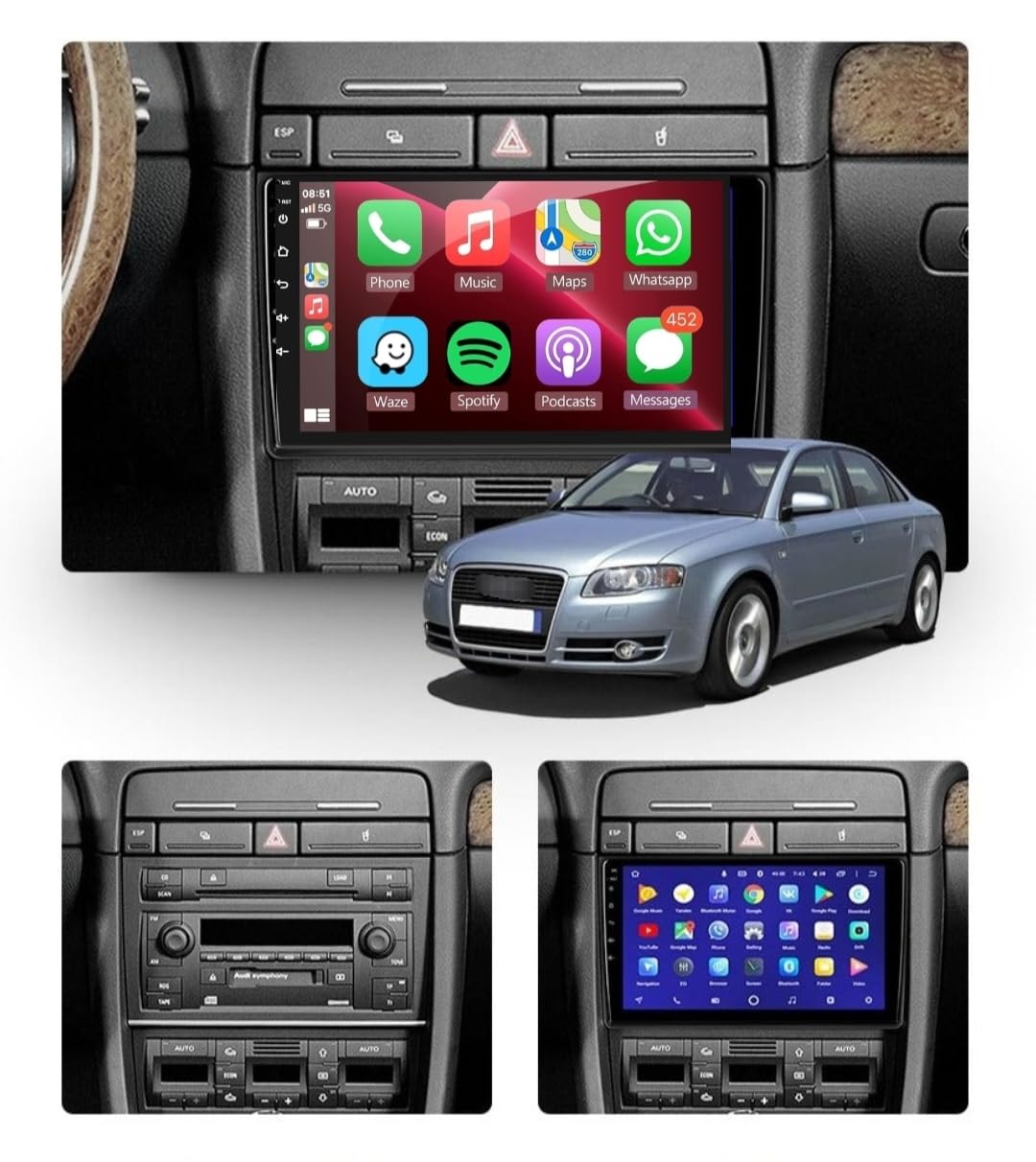 Android Car Stereo For Audi A4 B6 2000-2009 S4 2000-2008 Support Apple Carplay Android Auto Wireless 4GB RAM QLED Touch Screen Fast Interface Quick Boot AHD Camera Included