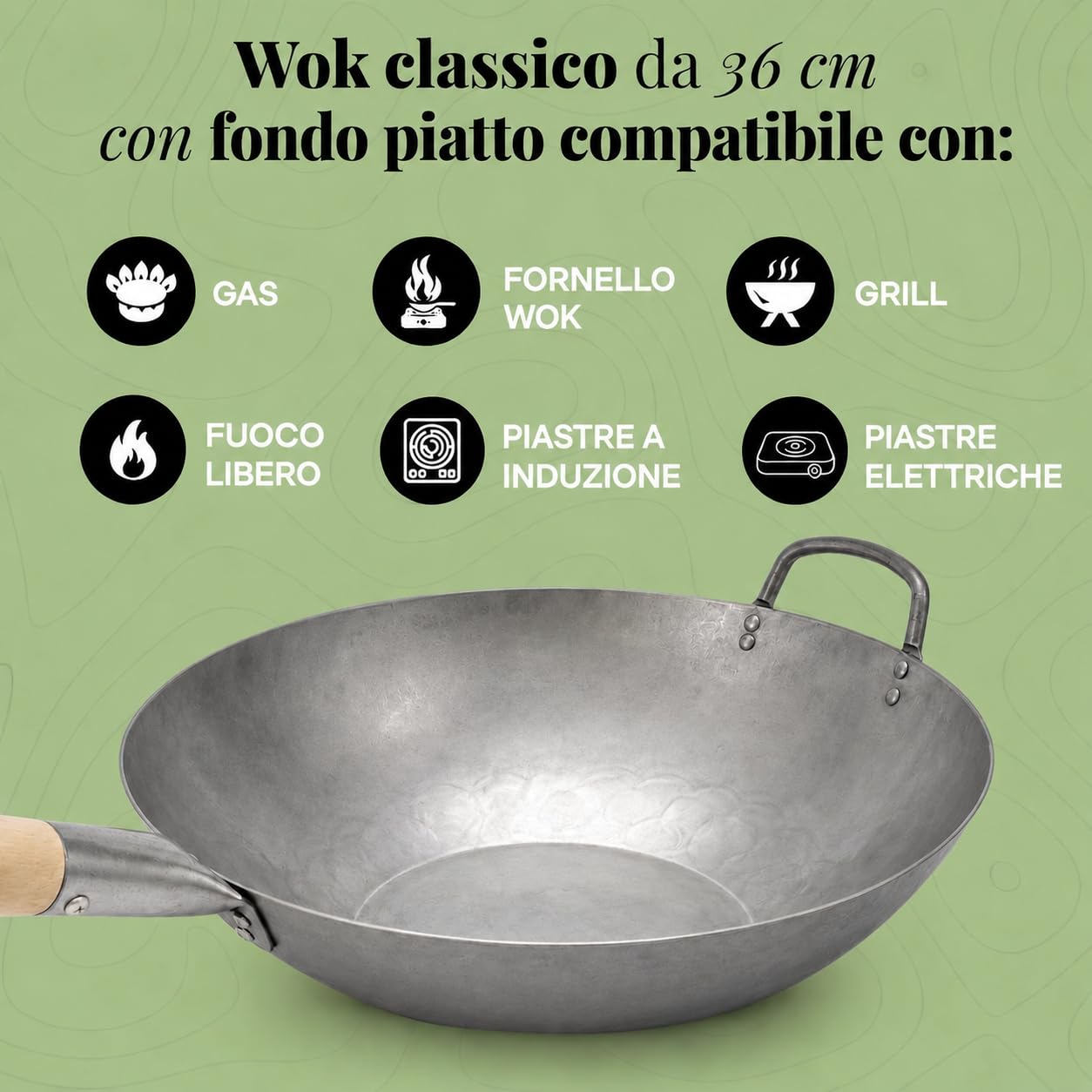 Homira Wok 36 cm in Acciaio al Carbonio, Martellato a Mano, Fondo Piatto e Manico in Legno, Senza PFAS, Padella Wok Cinese per Tutti i Piani Cottura, Induzione, Gas, Barbecue e Outdoor