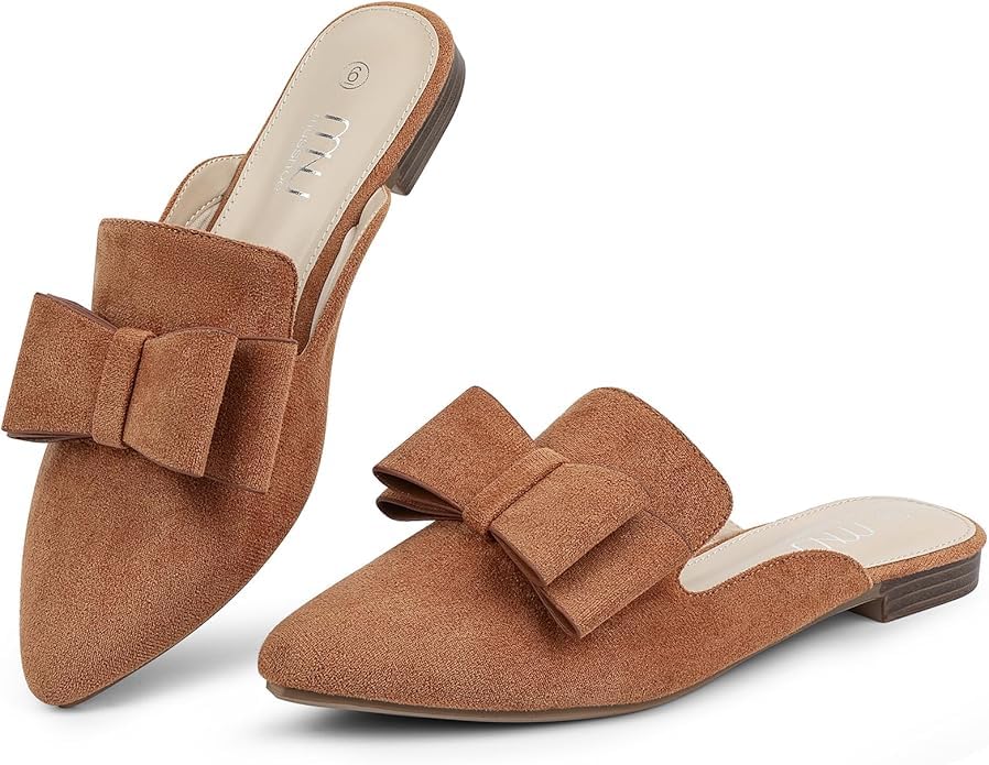 Image of MUSSHOE Mules for Women with Bow Knot: Pointed Toe Flats - Cloud-Cushion Suede Backless Loafers for Office & Casual Wear - Wide-Fit Friendly Slip On Slides with Memory Foam