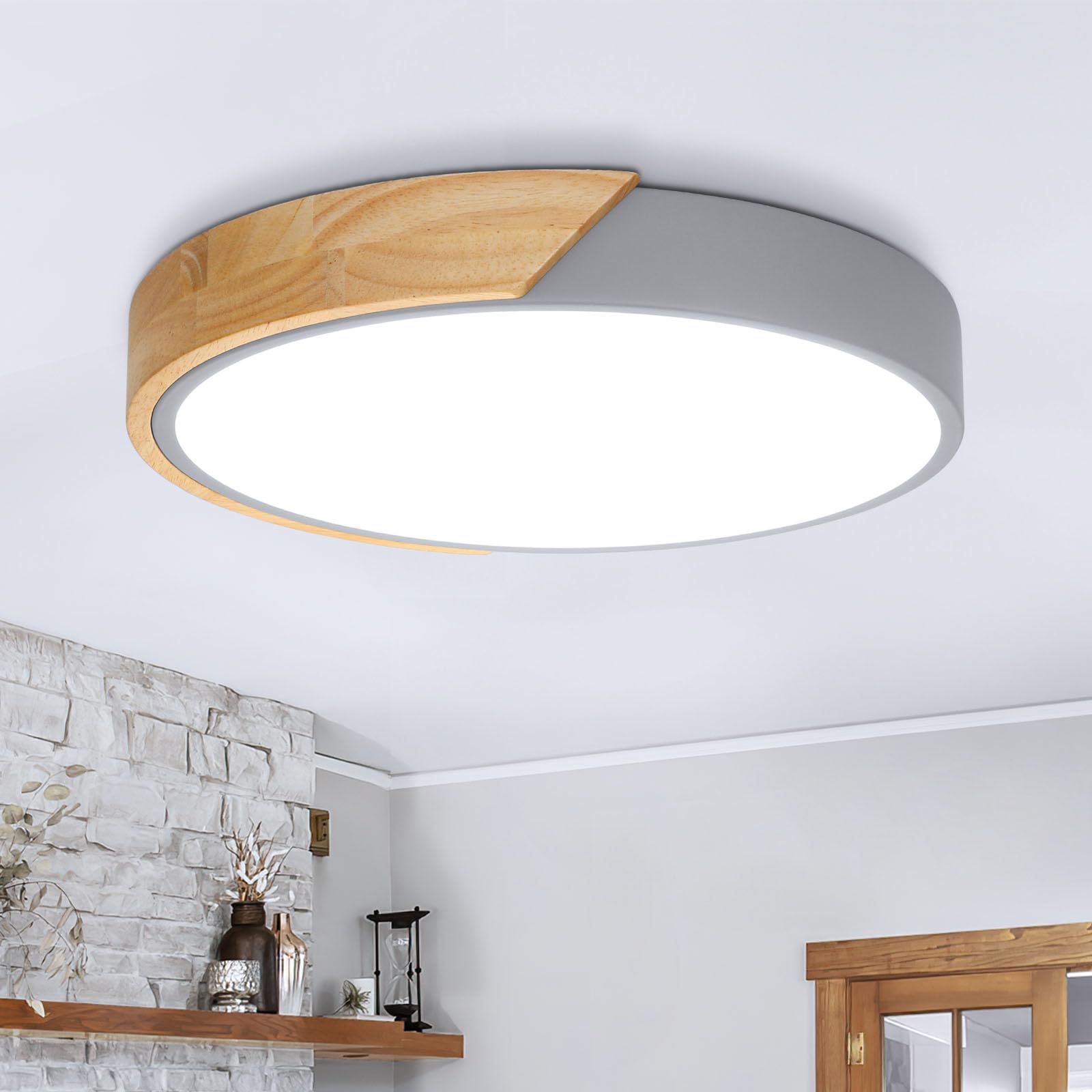 Kimjo Plafon LED Techo Madera 24W Blanco Frío - Lampara Techo Madera 2400LM 6000K - Gris Plafón LED Techo 30cm Redondo Para Cocina Salon Comedor Dormitorio Pasillo Habitación
