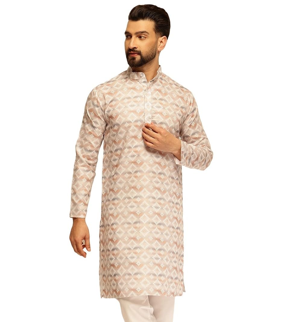 Sojanya (Since 1958 Men's Cotton Linen Self Design Beige Long Kurta