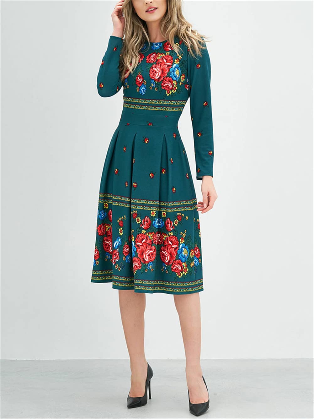 Youllyuu Vestidos de trabajo ajustados con cuello redondo y manga larga con estampado floral para mujer, vestidos casuales midi