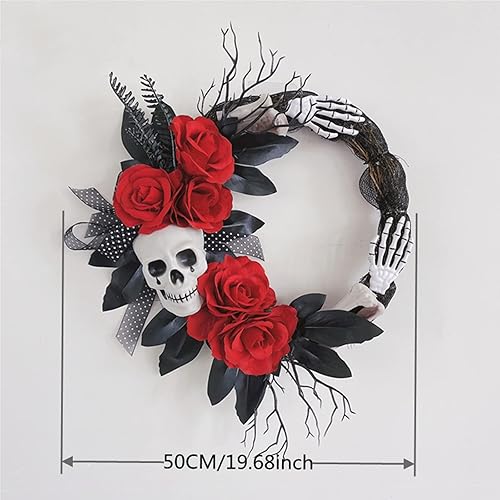 Miniatura 2 de Corona de Halloween para puerta delantera, coronas góticas con rosas artificiales rojas y negras, guirnaldas colgantes de calavera negra para