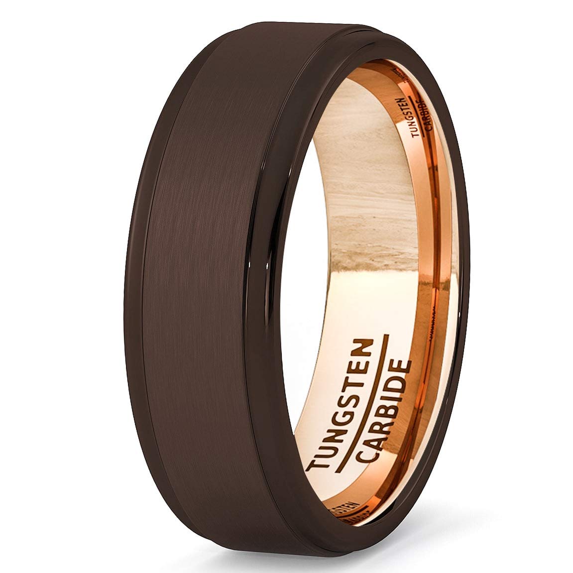 Duke Collections8mm Tungsten Ring Step Edge Brown Brushed Surface 18k Plated Rose Gold Comfort Fit