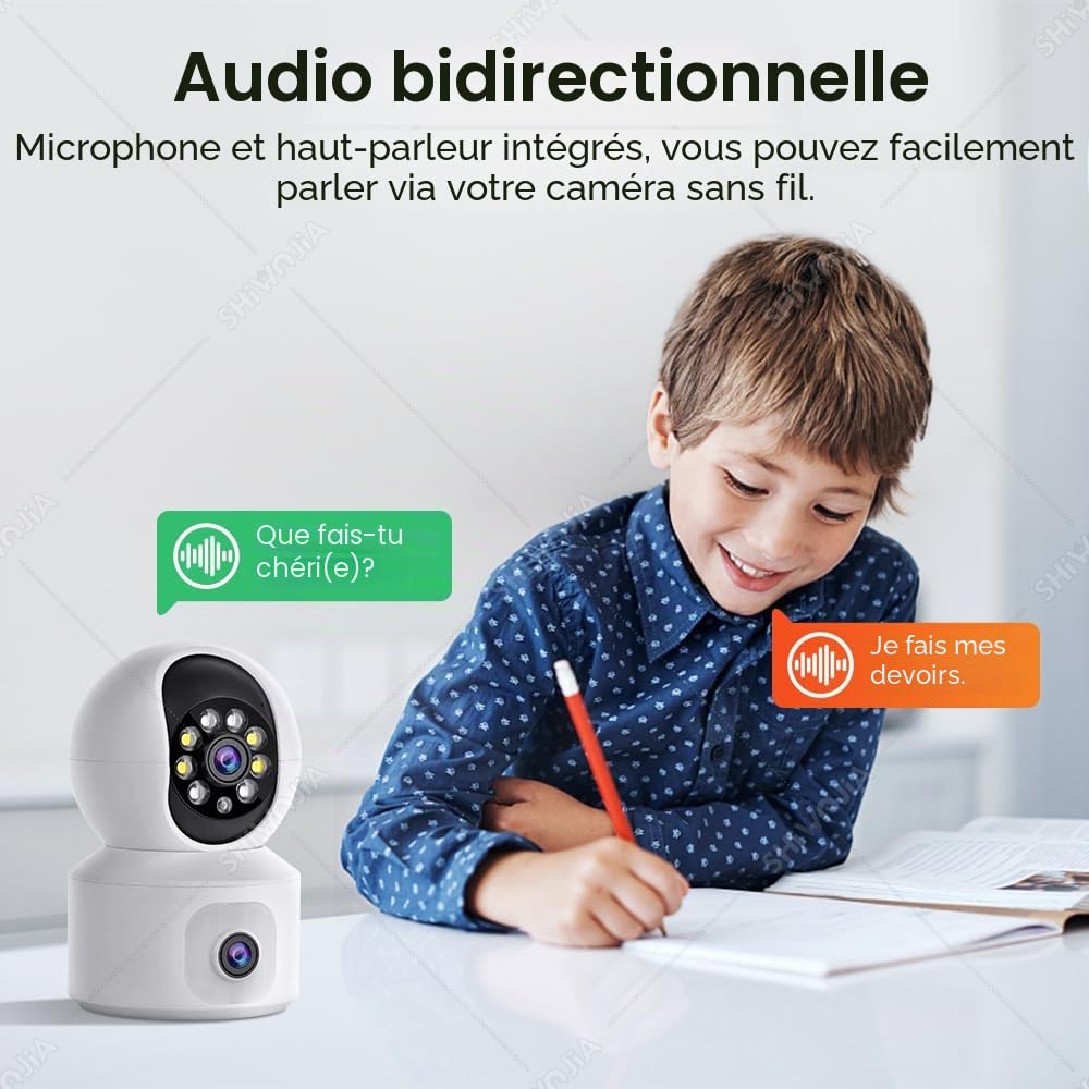 SHIWOJIA 2K 4MP Caméra Surveillance WiFi Intérieure, PTZ 360° Caméra avec Double Objectif, Vision Nocturne Intelligente, Détection de Personne et Suivi Auto, Audio Bidirectionnel