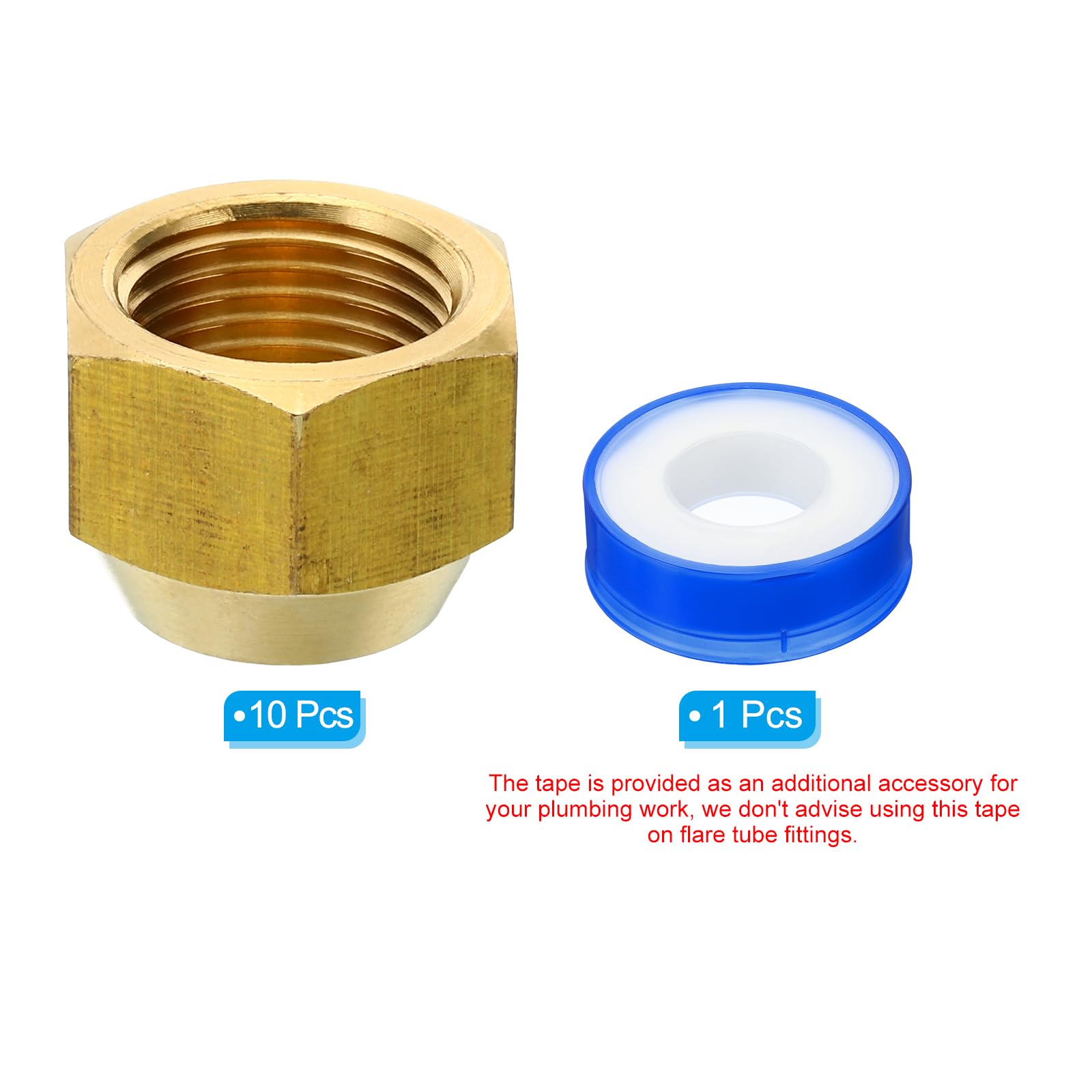 PATIKIL 1/2 SAE Messing Flare-Mutter, 10er Pack 45 Grad Kupfer Flared Rohrverschraubung Messing Rohrverschraubung Kappe mit Tape für Klimaanlage Wasser Gasleitung, Glänzend