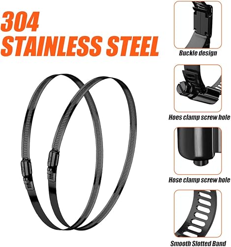 Miniatura 4 de BOTTEN Abrazaderas de manguera negras de 1-13 a 2-14 pulgadas (1.299-2.244 in) 304 abrazaderas de manguera de engranaje helicoidal ajustables de